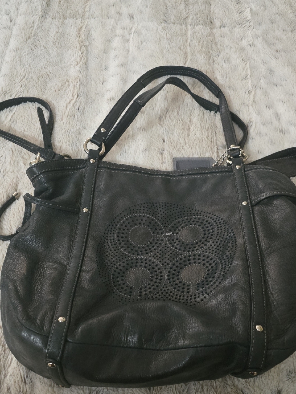 Black Coach Women's Leather Tote Bag with Perforated Detail - Picture 1 of 11